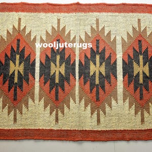 Wool and Jute Rug in Red Color, Handmade Kilim Dhurrie Rug, Traditional Indian/WOOL JUTE RUGS