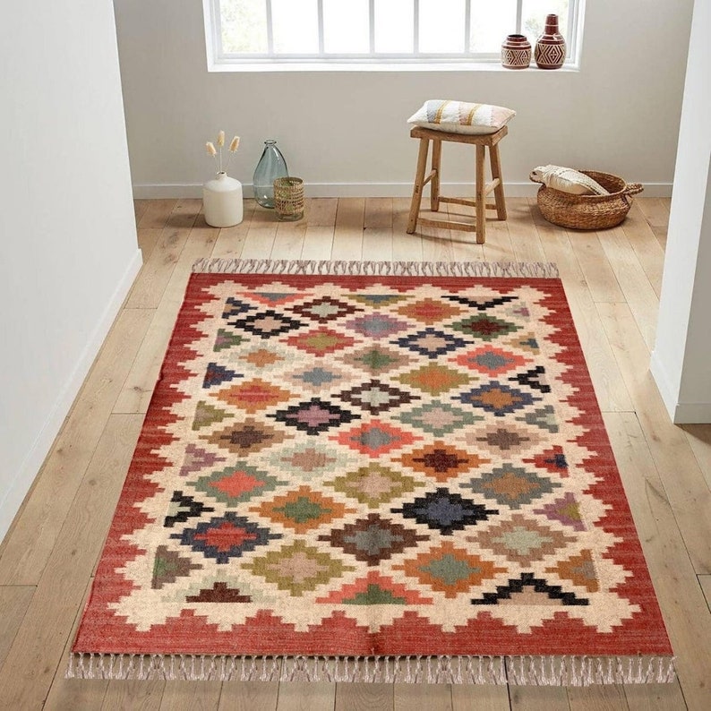 Alfombra Kilim de yute de lana tejida a mano, alfombra de yute de lana, alfombra de yute Kilim, alfombra Dhurrie india, alfombra Navajo Kilim, alfombra personalizada, alfombra de tejido plano, alfombra Boho imagen 2