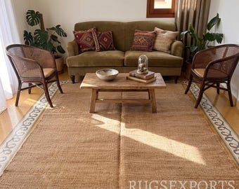 Alfombra de yute hecha a mano, estilo kilim de tejido plano beige
