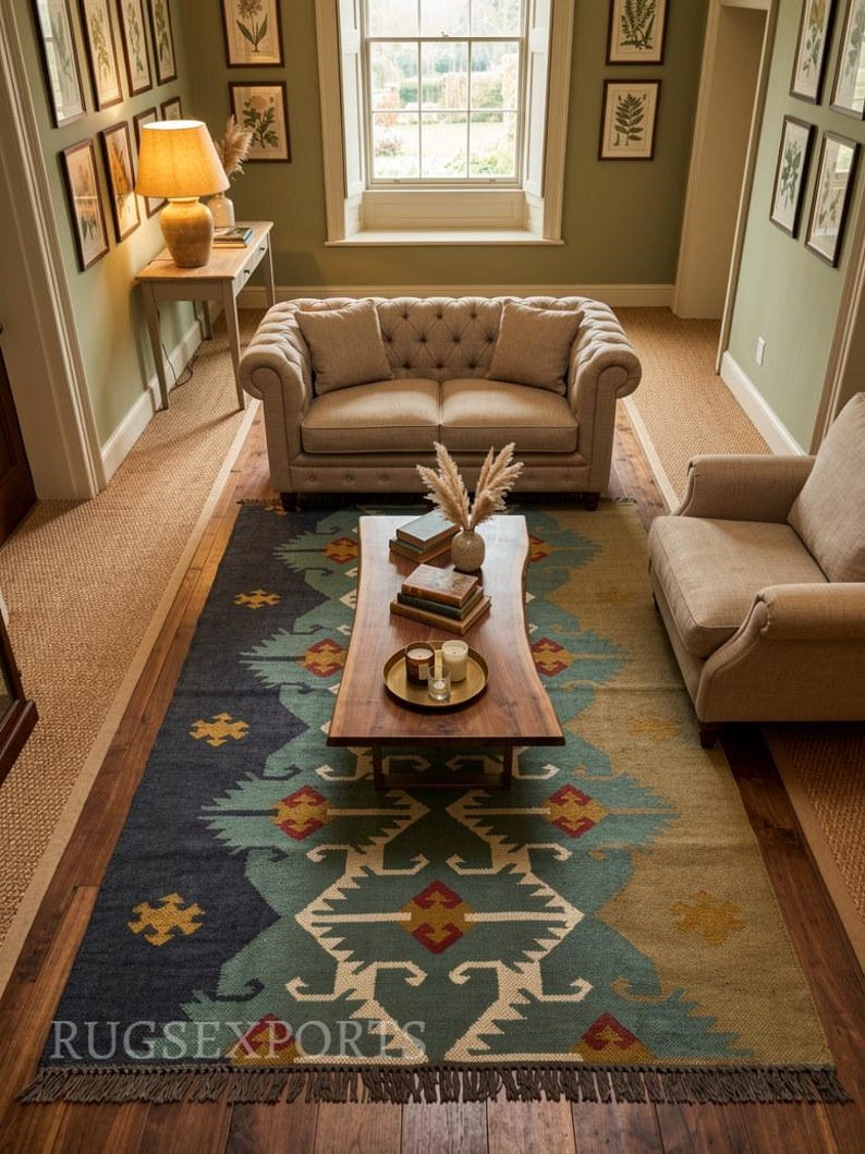 Handmade Wool Jute Kilim Rug, Aztec Navajo Design, 4x6 Ft image 9