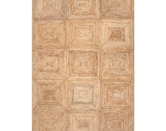 Natural Beige Scandinavian rug. Pattern box Jute Rug. Ivory and Beige Rug. Handmade Jute Rug. Balcony perfectly Custam Size rug fit 4x 12