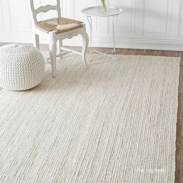 Tapis boho en jute blanc naturel, tapis en jute blanc cassé, tapis beige ivoire, tapis sur mesure, tapis indien tissé à la main, tapis bohème, grand tapis blanc,