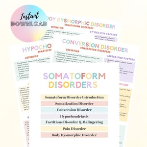 Puede incluir: Un gráfico colorido con el título "Trastornos somatomorfos" y una lista de diferentes tipos de trastornos somatomorfos, incluyendo el trastorno de somatización, el trastorno de conversión, la hipocondría, el trastorno facticio y la simulación, el trastorno del dolor y el trastorno dismórfico corporal.