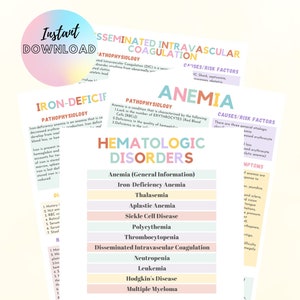 May include: A colorful infographic about hematologic disorders, including anemia, iron deficiency anemia, thalassemia, aplastic anemia, sickle cell disease, polycythemia, thrombocytopenia, disseminated intravascular coagulation, neutropenia, leukemia, Hodgkin's disease, and multiple myeloma. The infographic includes information about the causes, risk factors, and symptoms of each disorder.