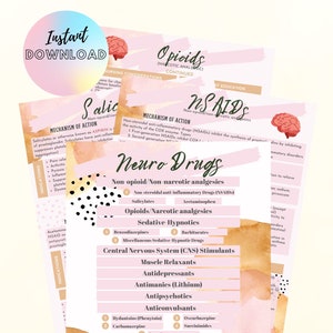Puede incluir: Un gráfico rosa y negro con el título "Neuro Drugs" y que enumera diferentes tipos de medicamentos, incluidos los opioides, los sedantes, los hipnóticos, los anticonvulsivos y los anestésicos.