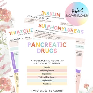 May include: A colorful chart with the title "Hypoglycemic Agents or Anti-Diabetic Drugs" and a list of different types of drugs, including insulin, sulfonylureas, biguanides, thiazolidinediones, meglitinides, acarbose, and glucagon.