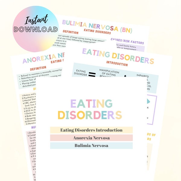 Eating Disorders, Mental Health Study Notes, DIGITAL DOWNLOAD, Psychiatric Nursing, Anorexia Nervosa, Bulimia Nervosa, Binge Eating Disorder