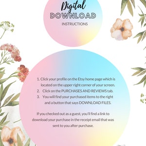 Puede incluir: Un gr&aacute;fico de instrucciones de descarga digital rosa y azul con acentos florales. El texto dice "Descarga digital Instrucciones". Las instrucciones explican c&oacute;mo descargar archivos digitales de Etsy.