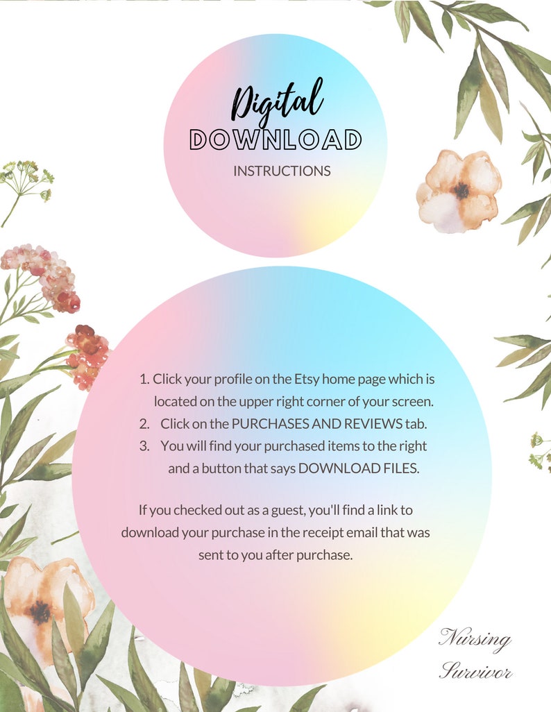 Puede incluir: Un gr&aacute;fico de instrucciones de descarga digital rosa y azul con acentos florales. El texto dice "Descarga digital Instrucciones". Las instrucciones explican c&oacute;mo descargar archivos digitales de Etsy.