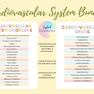 May include: Three printable charts with colourful backgrounds and text outlining the cardiovascular system. The charts cover disorders, drugs, and basic anatomy and physiology. The text includes "Instant Download" and "Cardiovascular System Bundle".