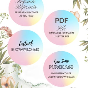 Puede incluir: Un gr&aacute;fico de descarga digital con un fondo de acuarela con flores rosas y verdes. El gr&aacute;fico incluye tres c&iacute;rculos con texto que dice "Impresiones infinitas", "Descarga instant&aacute;nea" y "Compra &uacute;nica". El gr&aacute;fico tambi&eacute;n incluye el texto "Archivo PDF" y "Formato de archivo simple en tama&ntilde;o carta de EE. UU.".