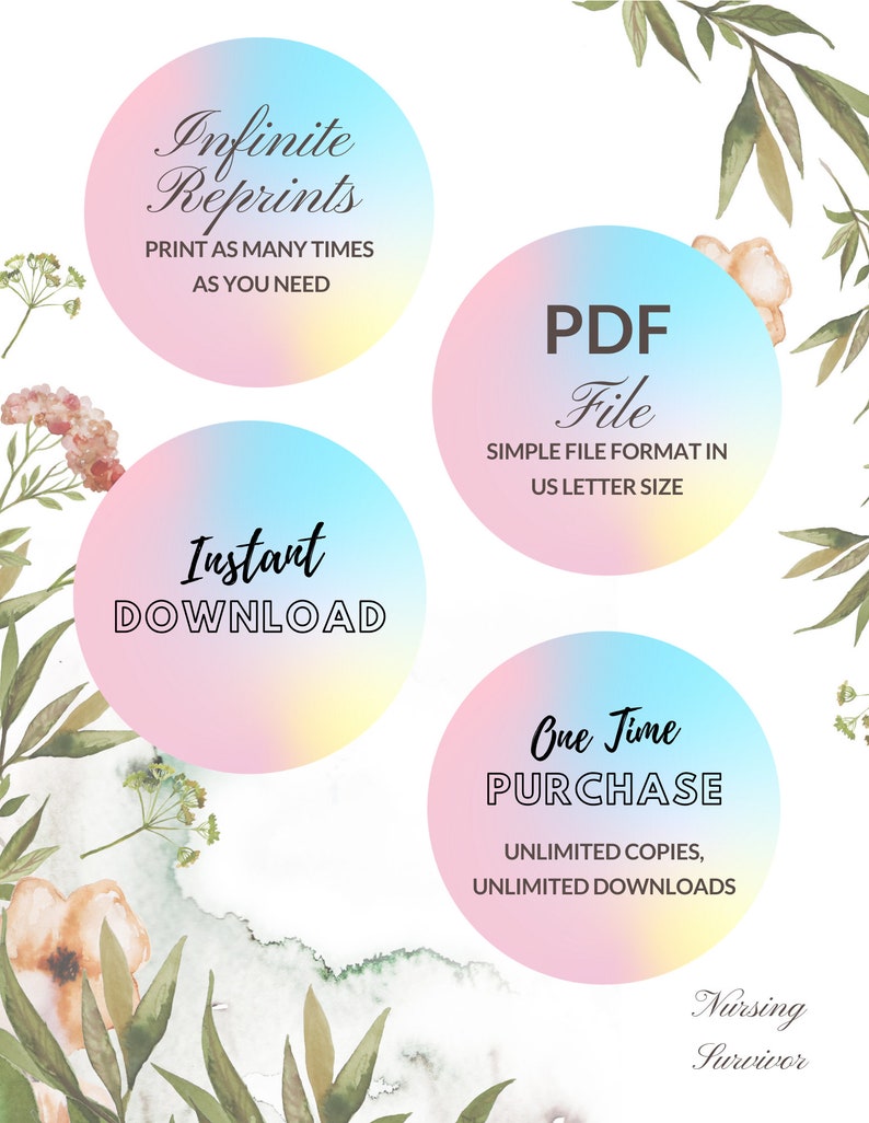 Puede incluir: Un gr&aacute;fico de descarga digital con un fondo de acuarela con flores rosas y verdes. El gr&aacute;fico incluye tres c&iacute;rculos con texto que dice "Impresiones infinitas", "Descarga instant&aacute;nea" y "Compra &uacute;nica". El gr&aacute;fico tambi&eacute;n incluye el texto "Archivo PDF" y "Formato de archivo simple en tama&ntilde;o carta de EE. UU.".