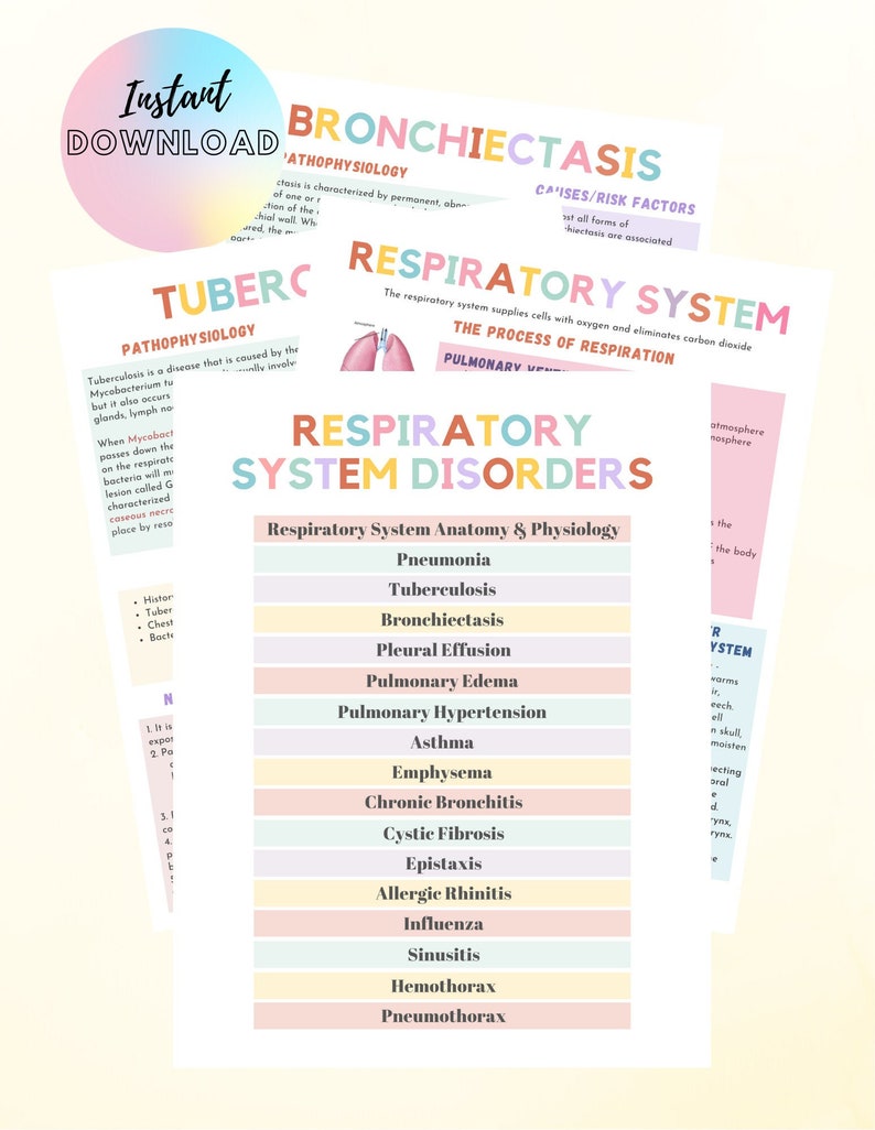 Puede incluir: Una infograf&iacute;a colorida sobre los trastornos del sistema respiratorio. La infograf&iacute;a incluye una lista de trastornos del sistema respiratorio, como la neumon&iacute;a, la tuberculosis, la bronquiectasia, el derrame pleural, el edema pulmonar, la hipertensi&oacute;n pulmonar, el asma, el enfisema, la bronquitis cr&oacute;nica, la fibrosis qu&iacute;stica, la epistaxis, la rinitis al&eacute;rgica, la gripe, la sinusitis, el hemot&oacute;rax y el neumot&oacute;rax.