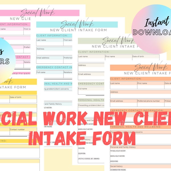 Social Work New Client Intake Form Template, Case management form, Social Work template, Social work documentation, Mental Health forms