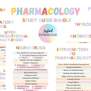 May include: A colorful study guide bundle for pharmacology, featuring different drug categories like cardiovascular, respiratory, gastrointestinal, neuro, and antibiotics. The guide includes an introduction to pharmacology and a section on drug administration. The text "Instant Download" is highlighted in a pink circle.