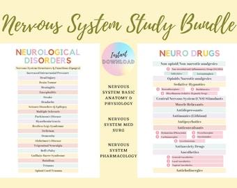 NEUROLOGICAL SYSTEM Bundle Med Surg and Pharmacology, Nervous system Anatomy & Physiology, Nursing Study Notes, DIGITAL, 45+ pages