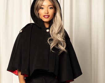Wool Black Cape with Hood: Gothic Buttoned Poncho Cloak - US PREPAID TARIFFS
