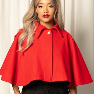 Red Wool Capelet, Cropped Design Cashmere Cape, Elegant Cloak Cape, Winter Cape Coat, Layered Button Cape with Collar, Jackets and Coats