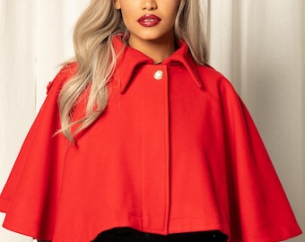 Red Wool Cashmere Capelet, Cropped Elegant Winter Cloak with Collar