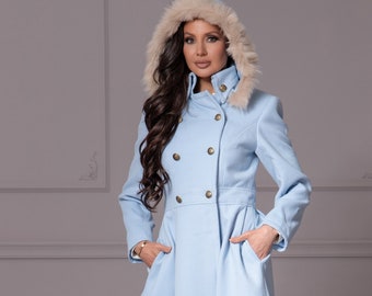 Long Hooded Light Blue Wool Coat, Winter Fit and Flare Jacket, Dress Overcoat with Faux Fur Hood, Maxi Elegant Petite & Plus Size Clothing