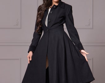 Princess Wool Coat with Velvet Collar & Cuffs - Winter Victorian Fit and Flare Coat - Plus Size Midi Circle  Coat