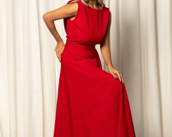 Elegant Maxi Red Dress with Open Back, Sexy Boatneck Flare Dress, Formal Red Gown Dress, Wedding Guest Dress, Occasion Designer Dress