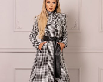 Floor Length Houndstooth Coat, Maxi Black & White Coat, Eco Leather Belted Overcoat, Mod Style Jacket Coat, Winter Trench Coat Women