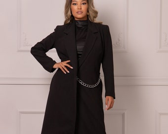 Black Formal Straight-Line Jacket, Lapeled Coat with Chain, Rockability-Inspired Work Coat, Plus Size Overcoat, Elegant Feminine Jacket Coat