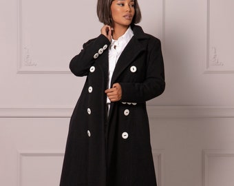 Unique Designer Peacoat with Accent White Buttons, Plus Size Wool A-Line Coat, Petite Warm Trench Coat, Double-Breasted Military Style Coat