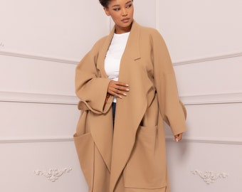 Oversized Wool Cashmere Coat, Voluminous Camel Coat, Slouchy Winter Trench Coat, Vintage Style Custom Made Jacket,Wrap Around Big Lapel Coat