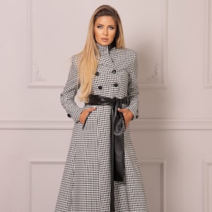 Floor Length Houndstooth Coat, Maxi Black & White Coat, Eco Leather Belted Elegant Overcoat, Mod Style Jacket Coat, Winter Trench Coat Women