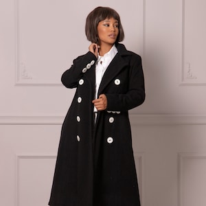 Unique Designer Peacoat with Accent White Buttons, Plus Size Wool A-Line Coat, Petite Warm Trench Coat, Double-Breasted Military Style Coat