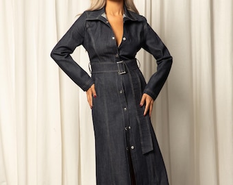 Elegant Denim Dress With Belt, Long Sleeve Denim Dress