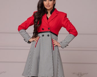 1960s Inspired Color Block Overcoat in Red & Houndstooth for Suit, A-Line Skirted Coat, Double-Breasted Midi Coat, Elegant Ladies Lined Coat