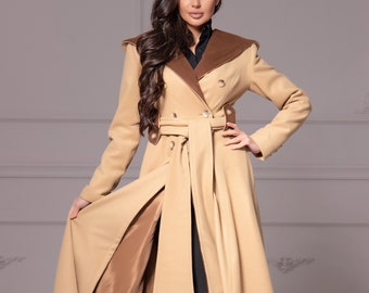 Warm Maxi Wool Coat with Deep Hood, Light Academia Clothing, Plus Size Wrap Around Jacket Coat with Belt, Color Block Princess Wool Jacket