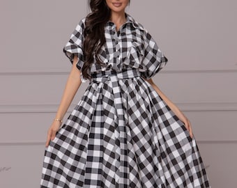 Loose Maxi Tartan Dress in Black and White, Cotton Plaid Belted Dress with Bust Pockets, Garden Party Dress by AtelierAstraea