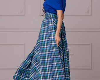 Long Blue Tartan Skirt with High Waist and Pockets, Maxi Checkered Cocktail Skirt for Summer, Handmade Skirt by AtelierAstraea