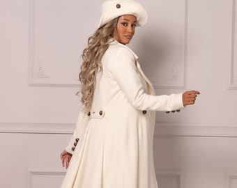Long White Ivory Princess Coat, Wool Fit and Flare Coat, Winter Wedding Overcoat, Double Breasted Pea Coat, Elegant Dress Coat,Winter Trench