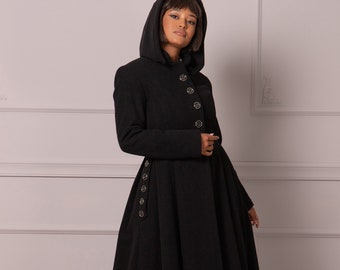 Gothic Winter Coat with Hood, Victorian Princess Coat, Long Fit and Flare Overcoat, Floor Length Wool Cashmere Hooded Coat,Edwardian Walking