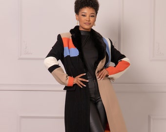 Color Block Faux Fur & Wool Coat, Multicolor Statement Coat, Winter Colorful Wool Overcoat, Extravagant Patchwork Style Coat for Ladies
