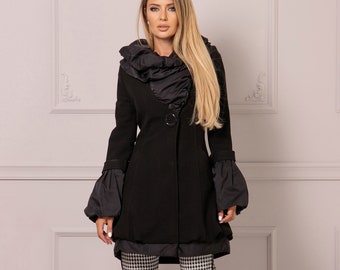 Extravagant Fit and Flare Coat, Plus Size Winter Goth Jacket, Puffer Coat Jacket, Avantgarde Designer Coat, Victorian Style Wool Overcoat