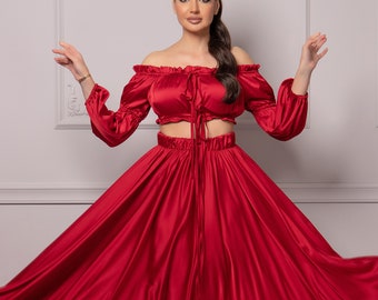 Extravagant 2-Piece Ladies Satin Clothing Set - High Waisted Flowy Skirt & Off Shoulder Crop Top with Puffed Sleeves, Summer Cocktail Outfit