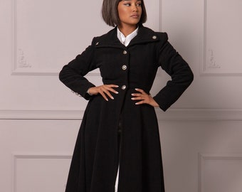 Ankle Length Wide Open Collar Wool Princess Coat, Long Victorian Walking Jacket, Woolen Gothic Overcoat, Vintage Style Buttoned Jacket Coat