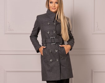 Asymmetric & Avantgarde Collared Wool Cashmere Coat, Winter Slim-Fit Trench Coat, Classic Wool Coat, Plus Size Princess Cut Belted Overcoat