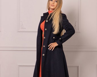 Ankle Length Wool Cashmere Jacket Coat, Detective Maxi Ladies Coat, Flared Gothic Coat, Long Winter Dark Blue Overcoat, Military Style Coat