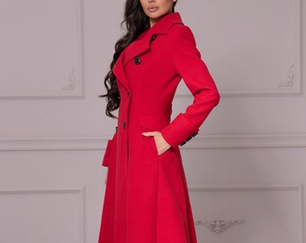 Full Length Double Breasted Wool Coat, Long Red Ladies A-Line Overcoat, Military Style Back-Pleated Jacket Coat, Maxi Buttons Plus Size Coat