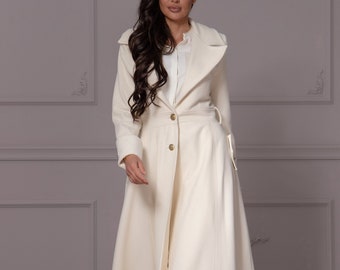 Extravagant Full-Length Wool Cashmere Coat with Buttons, Ivory-White Fit and Flare Dress Overcoat, Ladies Open Collar & Lapel Jacket Outfit