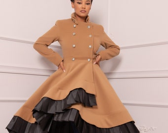 Wool Princess Line Skirted Coat, Plus Size Vintage Inspired Jacket, Double Breasted Fit and Flare Peacoat, Asymmetric Cashmere Camel Coat