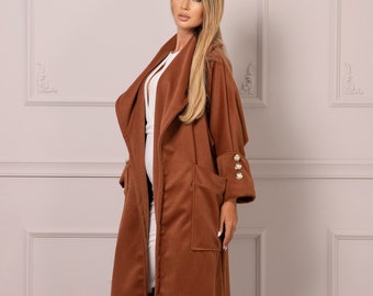 Rust-Colored Jacket Coat, Plus Size Elegant Ladies Coat, Oversized Big Jacket, Open Front Trench Coat, Vintage Style Loose Jacket Coat