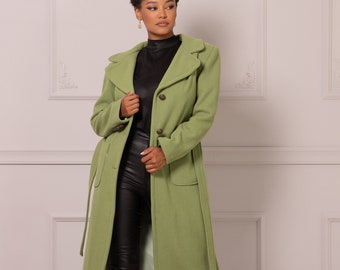 Chartreuse Wool Cashmere Winter Coat, Elegant Green Maxi Coat, Belted Christmas Outfit Overcoat, Fit and Flare Jacket, Custom Made Overcoat